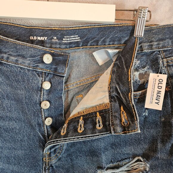 NWT Old Navy Womens 14P Distressed High-Waisted Straight Leg Jeans button fly - Picture 7 of 12